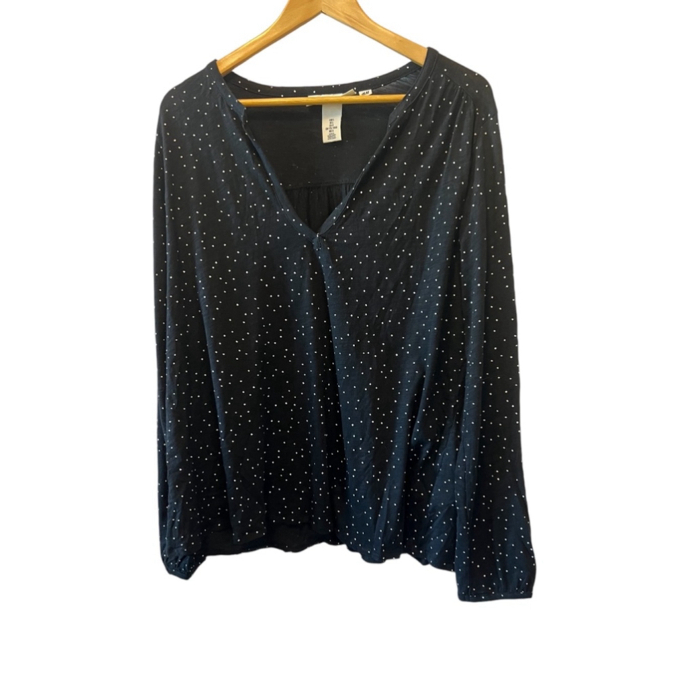 H&M Black & White Polka Dot V Neck Long Sleeve Lightweight Top L